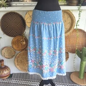 Vintage 70s Medium Cottagecore Skirt Blue Floral Prairie Multiple Choice.